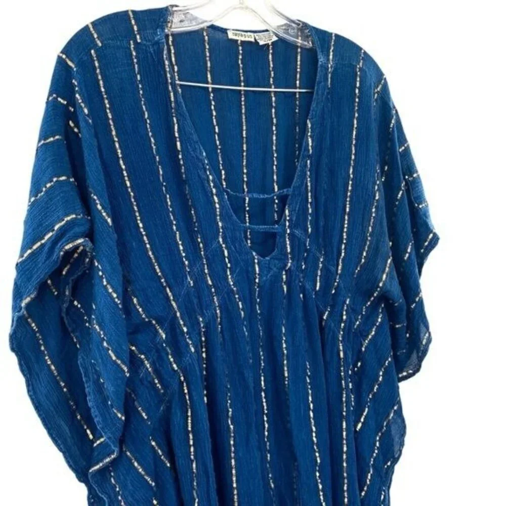Raya Sun Cover Up Kaftan Blue Gold Boho Beach Vacation Swimsuit Coverup